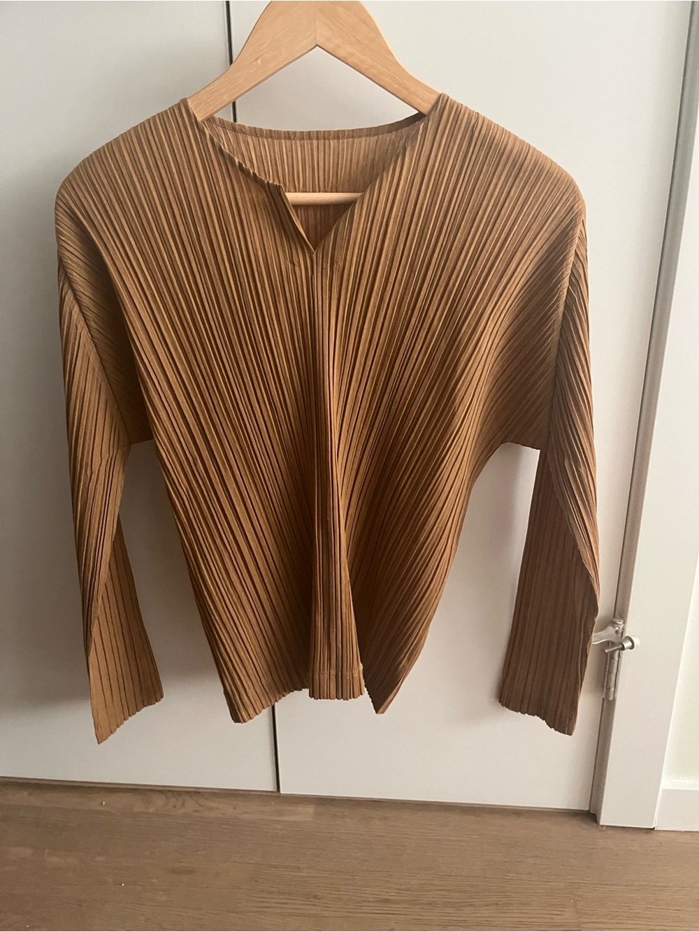 Issey Miyake Pleats Pleasw Pleated Long Sleeve Top in Camel